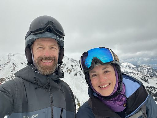 Dr. Tom and Dr. Jill Moorcroft skiing on Mother's Day 2023